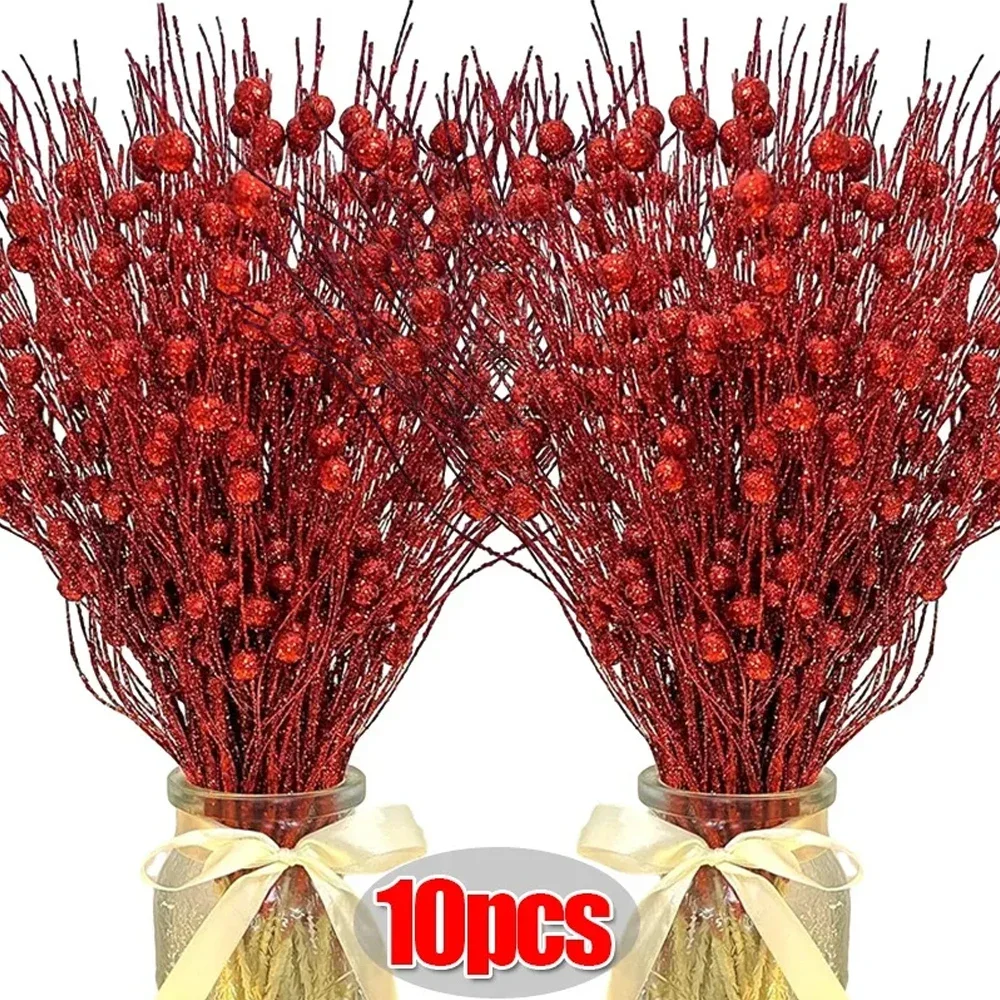 10/1pcs Christmas Glitter Berry Stem Artificial Gold Silver Glittery Twigs Christmas Tree Wreath Ornaments Party Decor Supplies