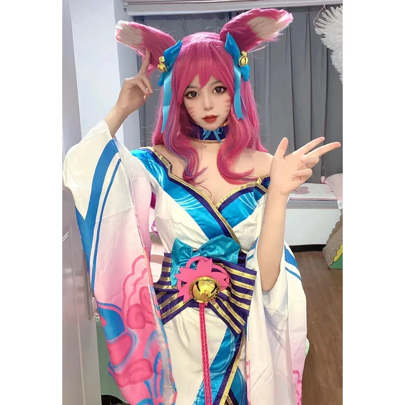 Ahri Cosplay disfraz Anime juego LOL Spirit Blossom vestido para mujer chica peluca fiesta de Halloween Sexy Kimono Suitv;6'h,8;r.