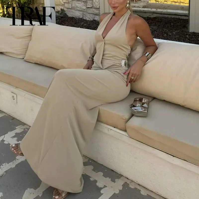 TRAF Long Dresses 2024 Summer Elegant Party Evening Halter Dresses Ladies Fashion Backless Sleveeless Shell Khaki Dress