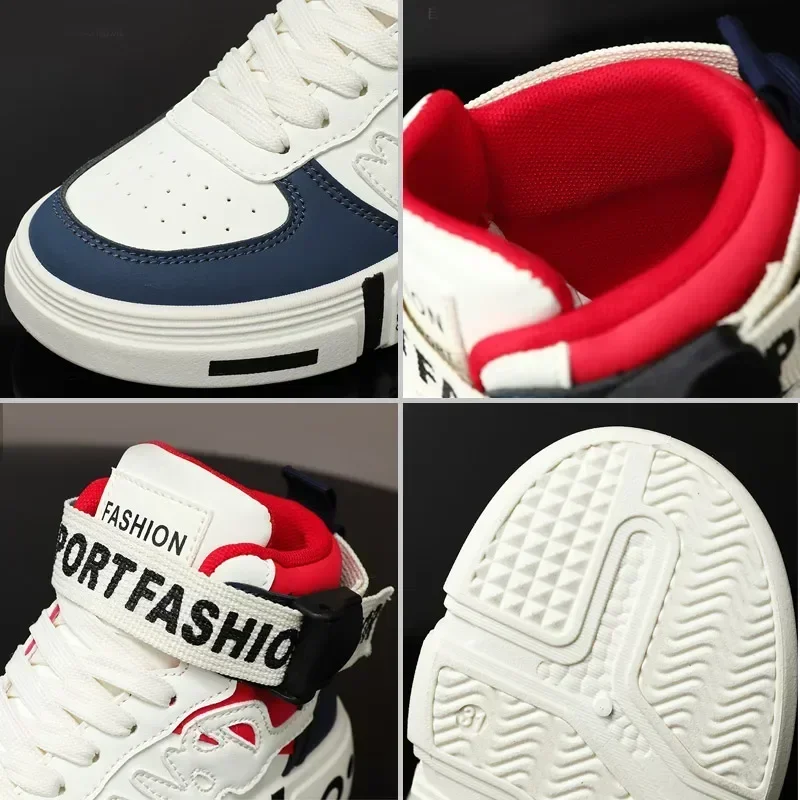 Modne wysokie trampki dziecięce Fu skórzane chłopięce buty sportowe i do biegania antypoślizgowe rozmiar 29-44 # 4-kolorowe mieszkania outdoorowe
