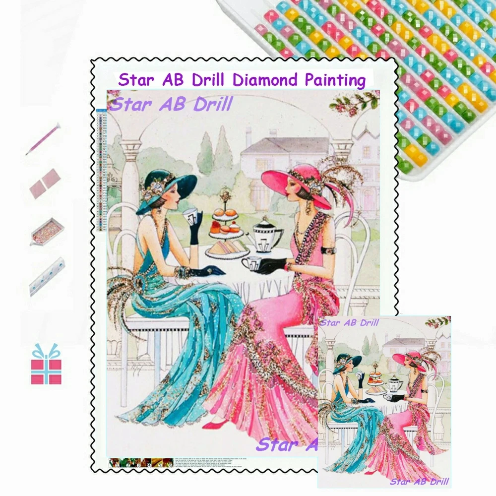 Tea Time With Girls 5D Diamond Mosaic Art Painting Kit Beautiful Women Poster Diy Full AB Round Drill Cross Stitch Home Decor