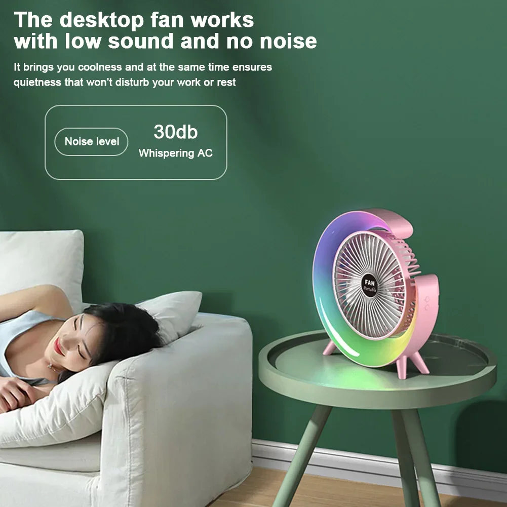 Ventilateur électrique portable, aste par USB, avec LED, 7 couleurs, réglable à 180 °, pour camping d'été, 3 vitesses, pour Xiaomi