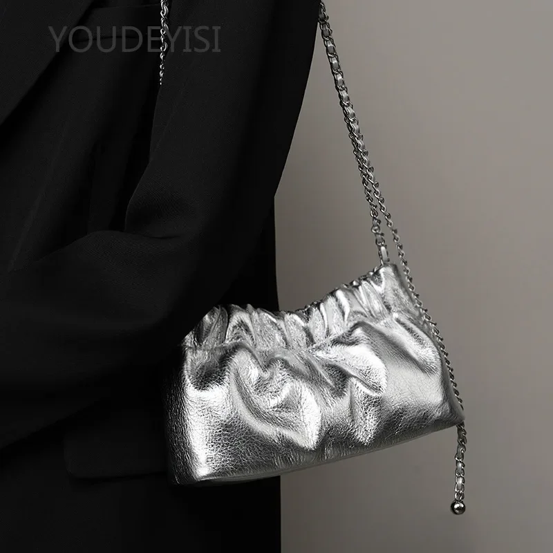 YOUDEYISI Underarm Bag Premium Sense Cloud Pleated Women's Bag First Layer Cowhide Shoulder Messenger Bag Golden Ball Chain