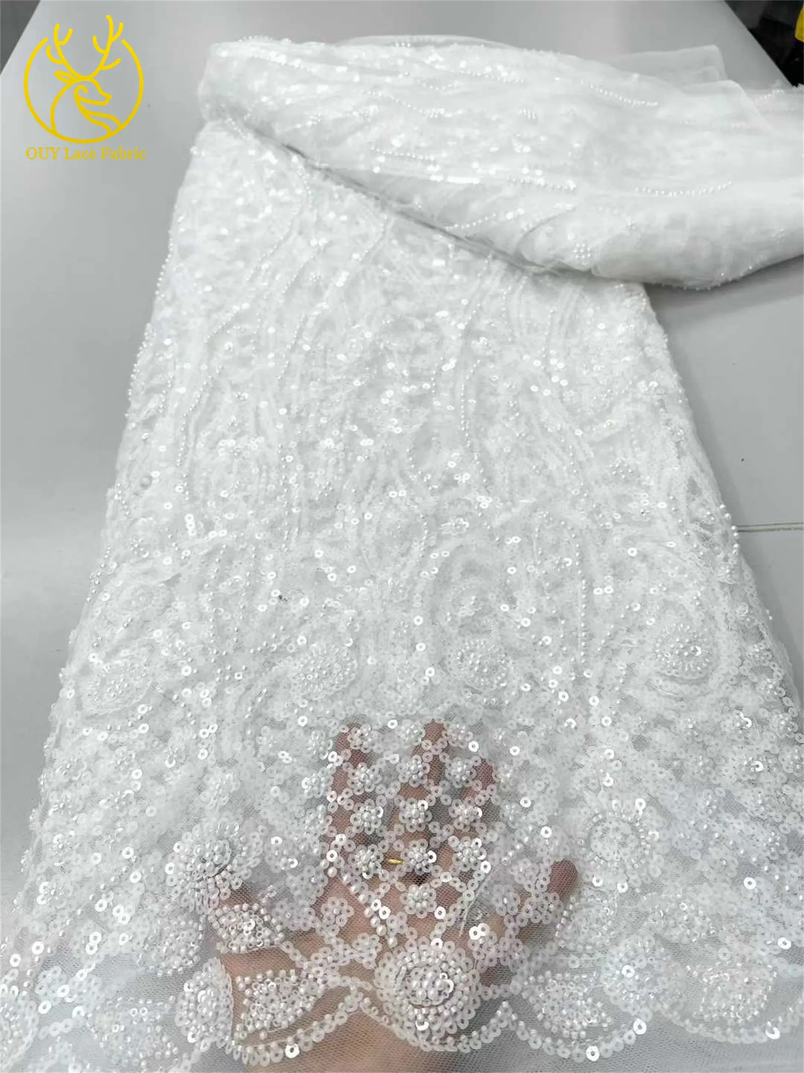 5 yardas de tela de encaje africana verde lima con lentejuelas y cuentas, encaje de tul con lentejuelas reales francesas 2026 para material de costura de vestidos de fiesta para mujer