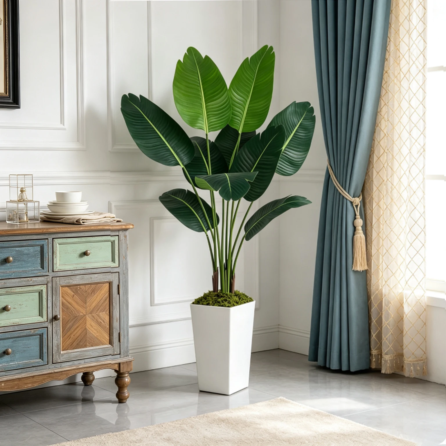125cm Bird of Paradise Artificial Plant 5FT - Faux Tropical Palm Tree with White Tall Planter - Fake Floor Plant Potted - Artificial Silk Tree for Home Office Living Room Decor Indoor image 2
