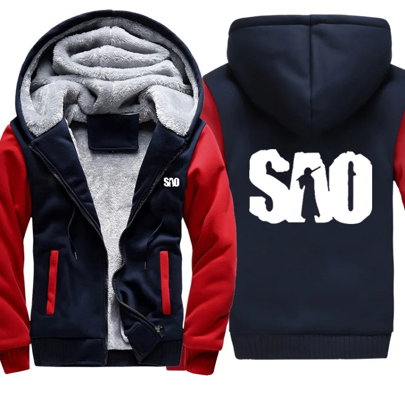 Man's Hoodies SAO Sword Art Online Print Jacket Men Casual Winter Thicken Warm Fleece cotton Zipper Raglan Coat Male Tracksuits