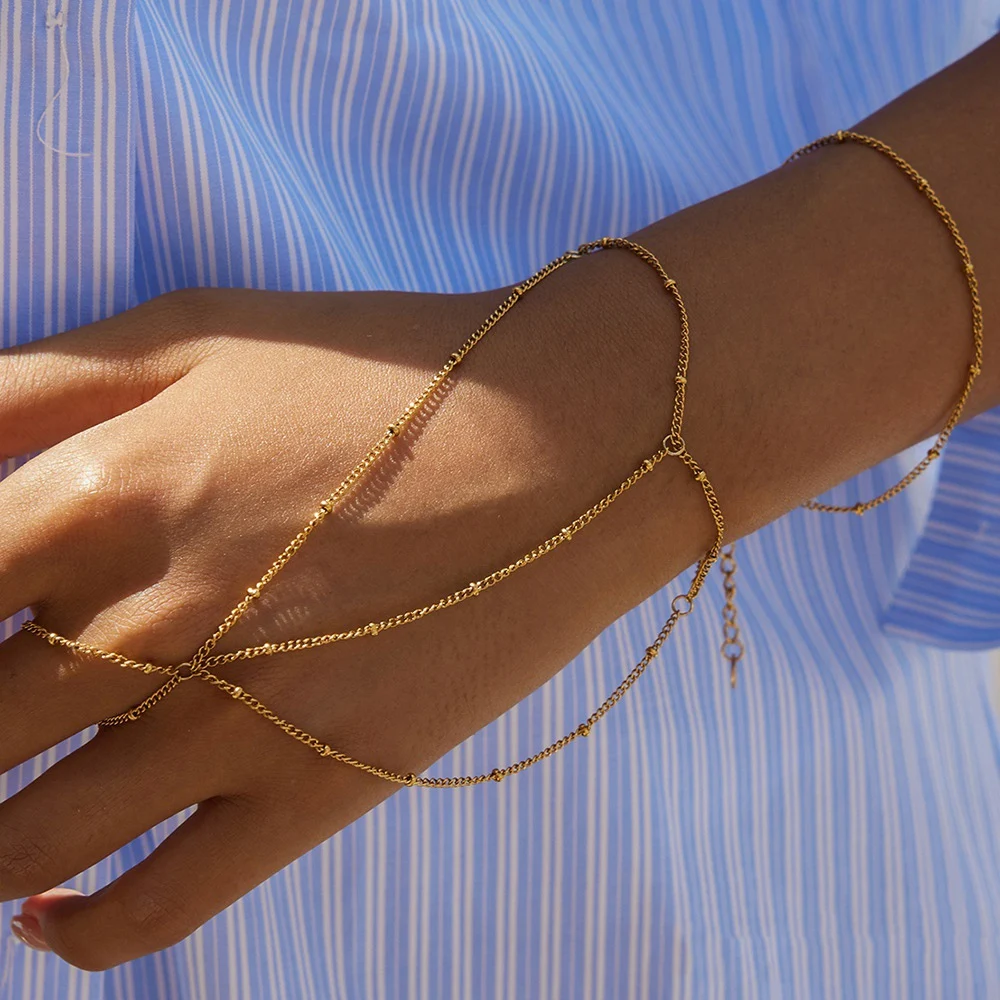 Minimalist Stainless Steel Gold Color Link Chain Bracelet Ring for Women Gold Plated Stackable Fashion Connecting Wrist Jewelry
