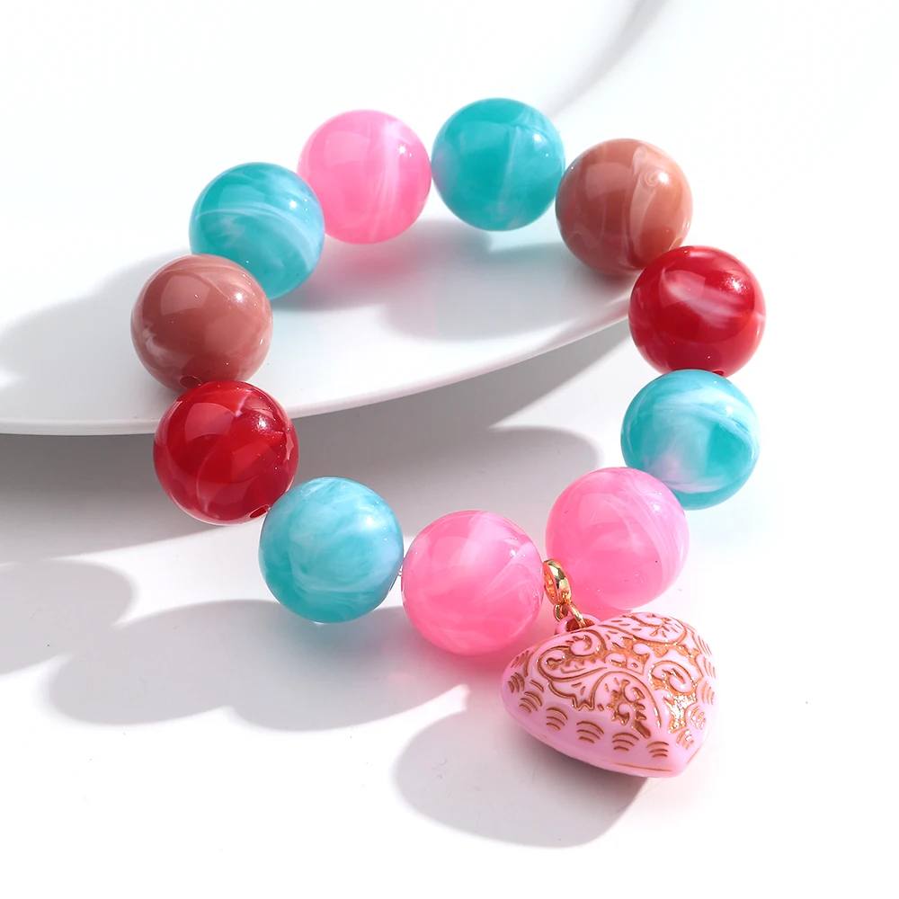 Boho Bunte Runde Perlen Herz-Anhänger Elastische Armbänder Mode Geometrische Perlenarmband Damen Schmuck Geschenke – Detail 9