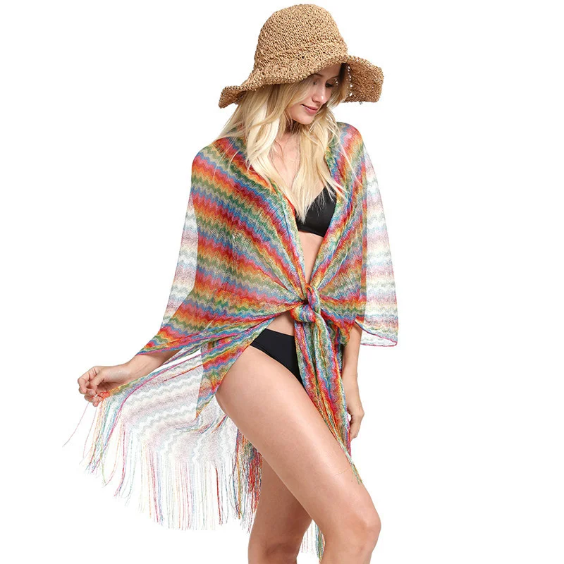 Women Sun Protection Tassel Shawl Lady Summer Chiffon Cardigan Holiday Bikini Blouse Breathable Beach Cape Sexy Light Long Cloak