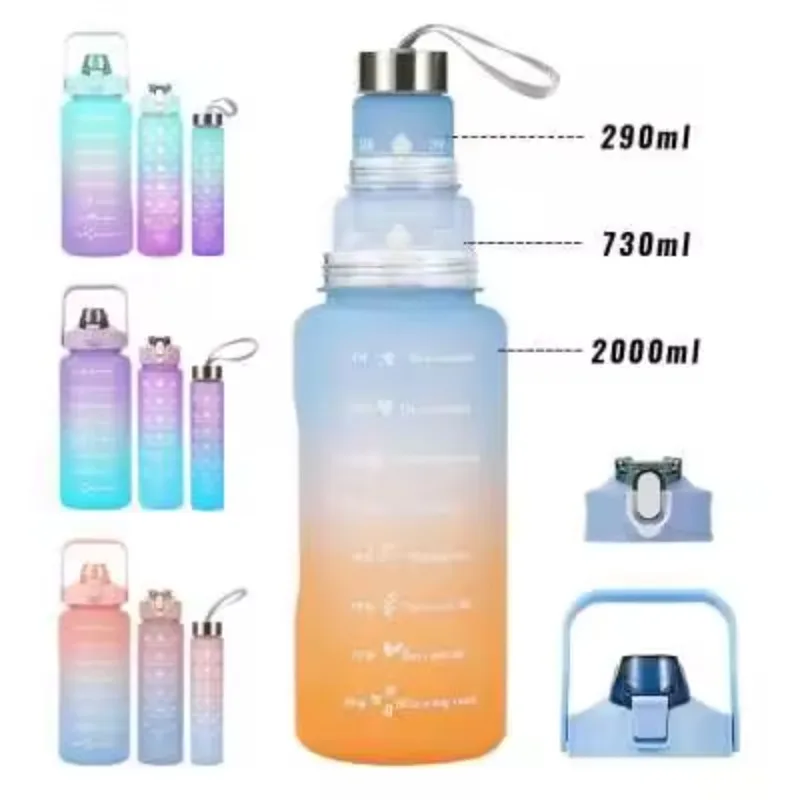 

2 Liter Large Capacity Outdoor Frosted Gradient Sports Water Bottle Travel Fitness Water Cup with Scale Convenient Straw Cup