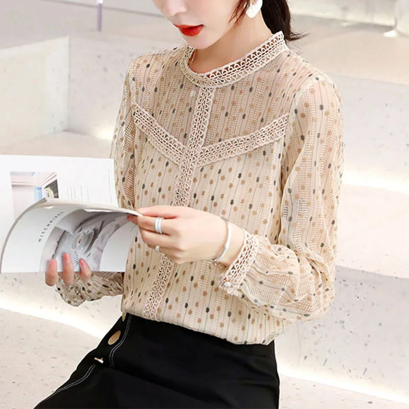 O-Neck Fashion Female Sweet Lace Spliced Printed Shirt 2022 Spring New Long Sleeve Elegant Women\'s All-match Casual Blouses