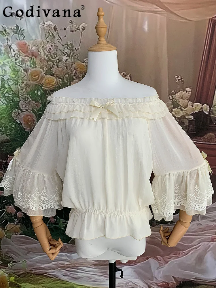 

Lolita Elegant Slash Neck Round Neck Summer Chiffon Bottoming Shirt Girl French Retro Court Lace Loose Age-reducing Blouse Top