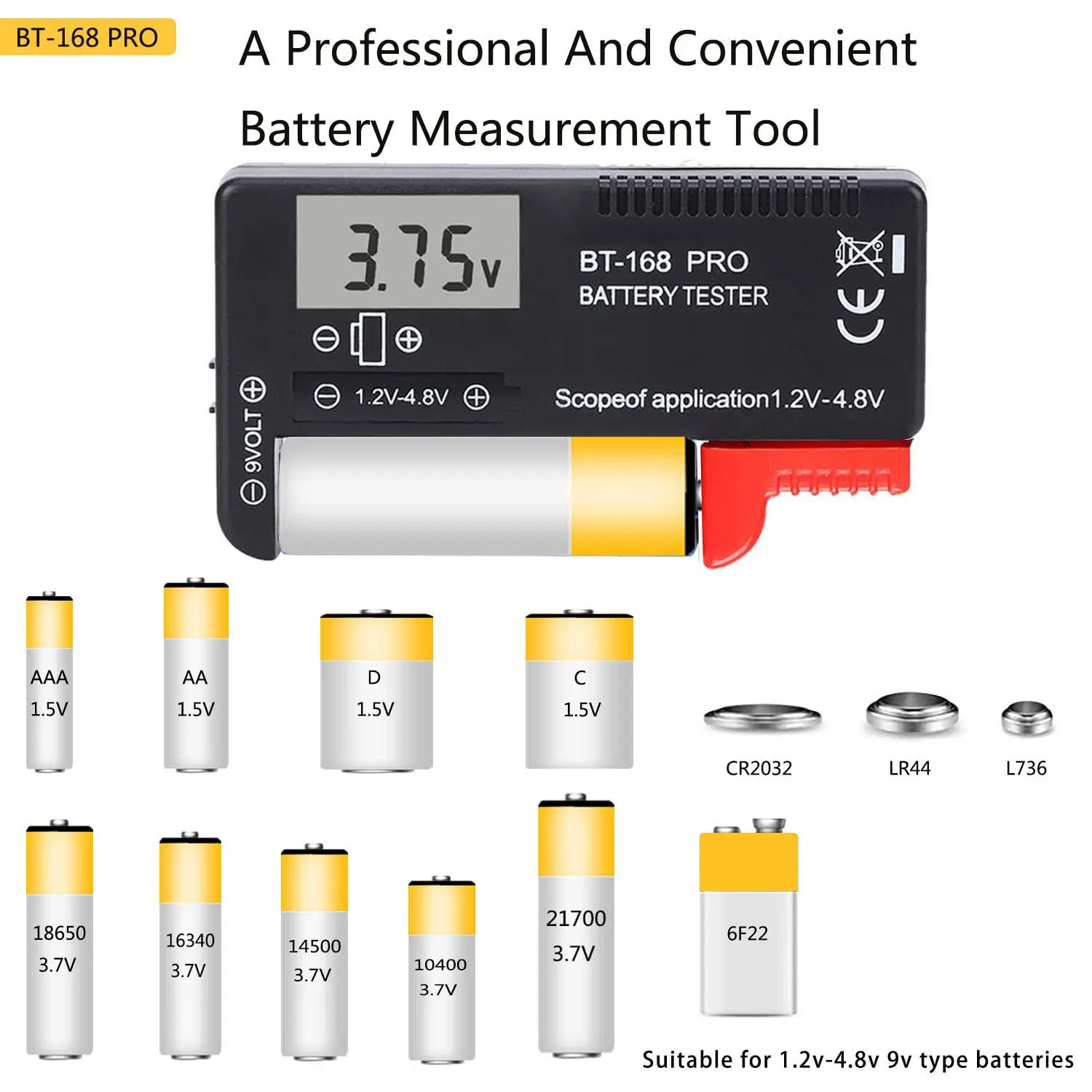 BT-168D Portable Digital Battery Tester Black Digital Battery Power Measuring Instrument The Function Battery Tester