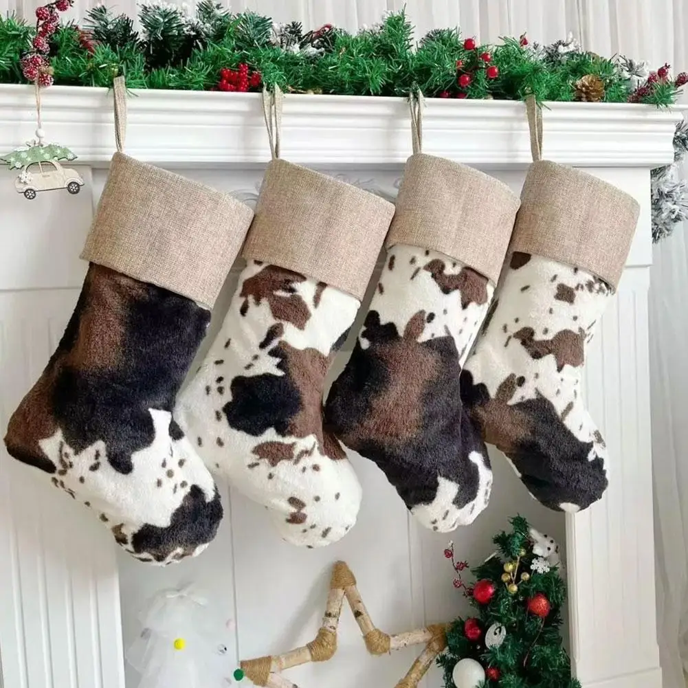 Large Christmas Stockings Farmhouse Cow Print Stockings With Lanyard Big Feet Christmas Gift Stockings For Toy Bag Candy Bag