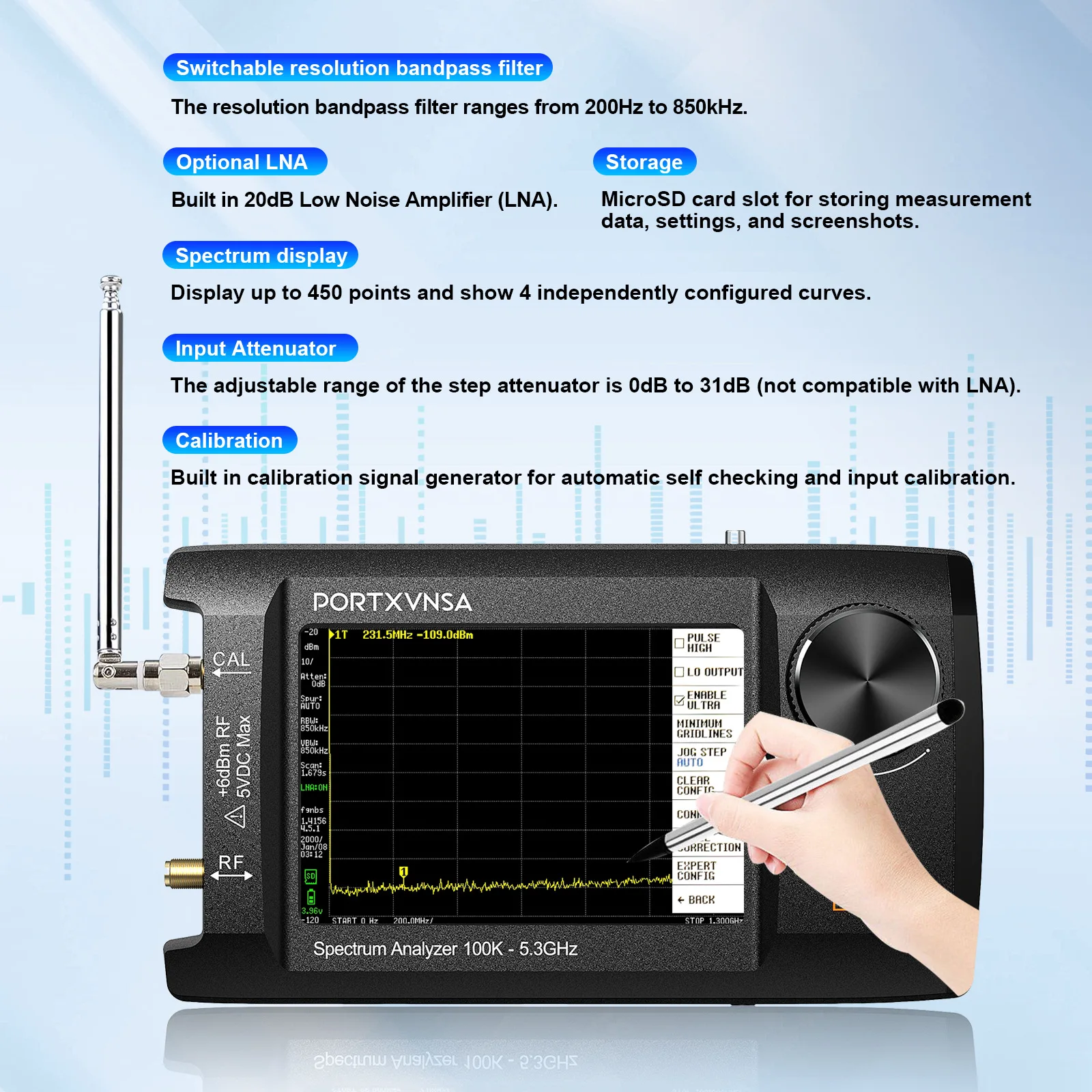 2024 Upgraded 4-inch IPS LCD SA5 Multi functional Handheld Spectrum Analyzer 100k-5.3GHz 2-in-1 Signal Generator Built in 5000mA