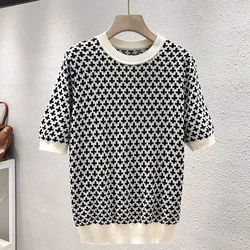 Vintage Chic Knitwear Tee for Women Black White Plaid Knitted Sweater Round Neck Short Sleeve Pullover Tops Female Summer 2024