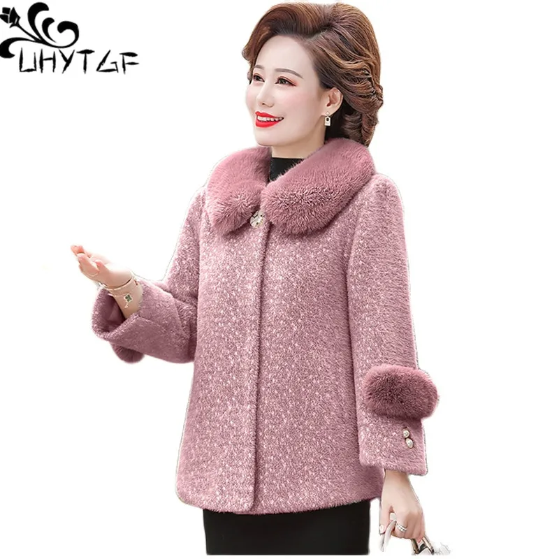 

UHYTGF L-5XL Winter Coat For Women Quality Mink Fleece Woolen Jacket Female Fashion Fur Collar Casual Warm Mother Outerwear 2012