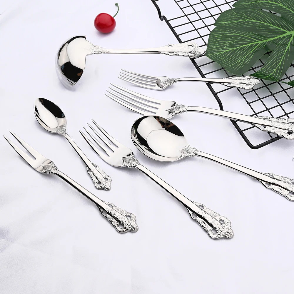 6Pcs Luxury Silver Dinner Set Vintage Western Stainless Steel Cutlery Sets Wedding Engraving Tableware Knife Fork Spoon Teapoon