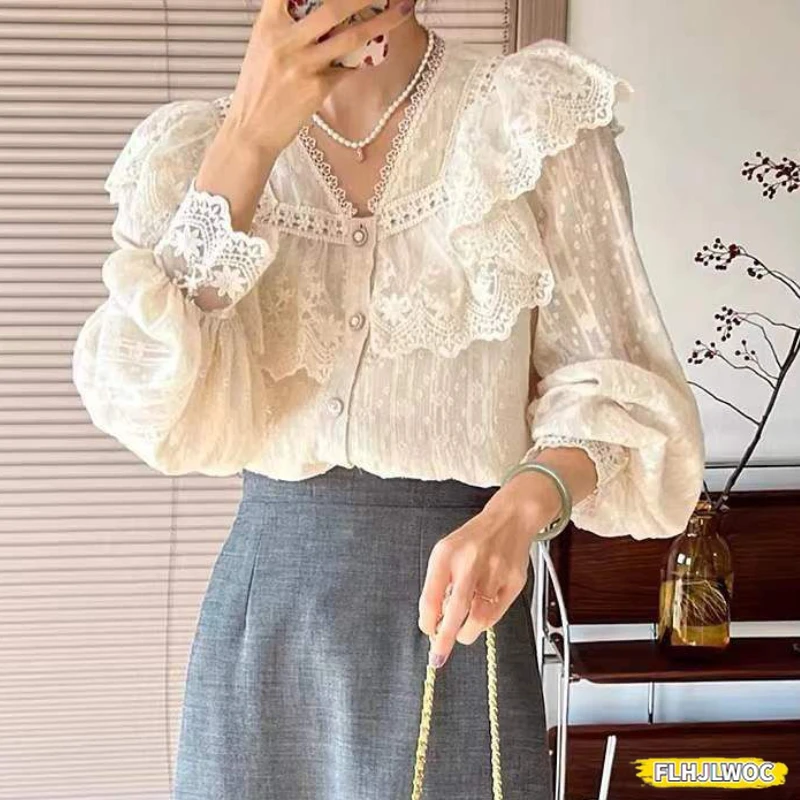 2024 Spring Autumn Basic Shirts Blouses Women Fashion Long Sleeve Elegant Office Lady Work Solid White Ruffled Chic Tops Blusas