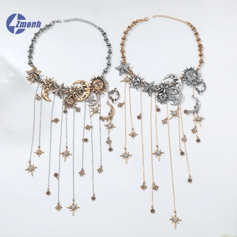 

New！1Pcs Exaggerated Multi-layered Tassel Pendant Necklace With Moon Star Sun And Full Diamond Design For Women In Boho Style
