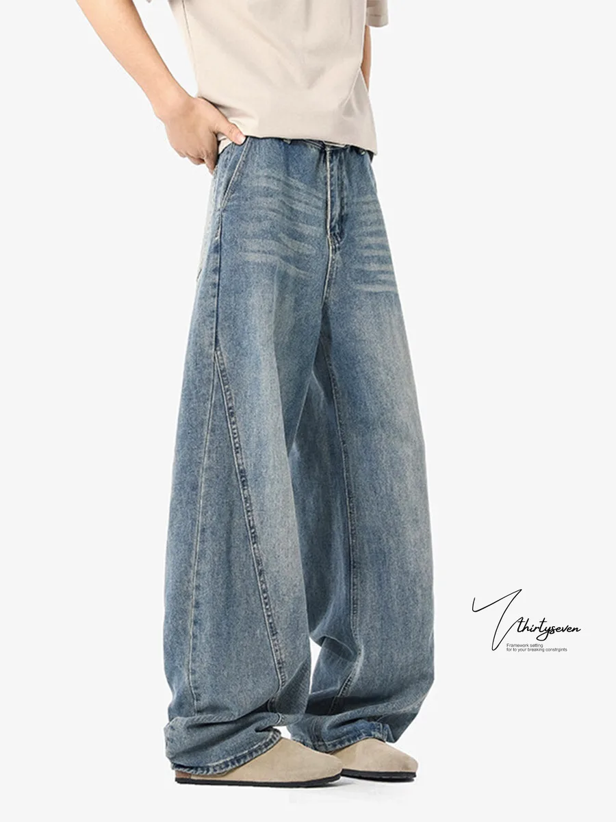 

V37 American Sle Waed Denim Jeans Men's Loose Wide Leg adient Trendy Straight Leg Long Trousers Casual Wear