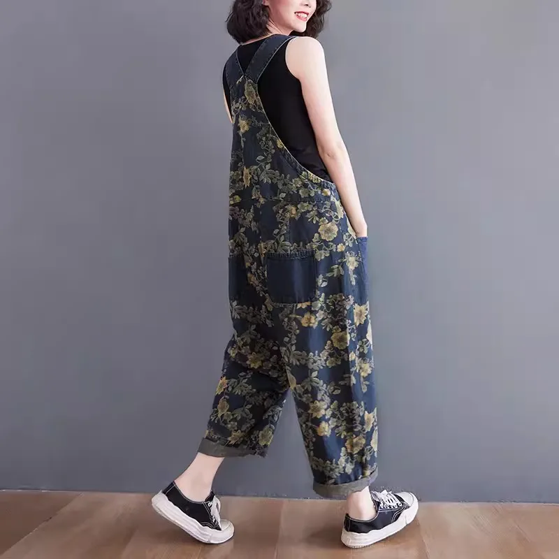 2024 Spring Print Floral Denim Jumpsuit Women Vintage Streetwear Oversized Dungarees Loose Wide Leg Overalls Straps Baggy Pants