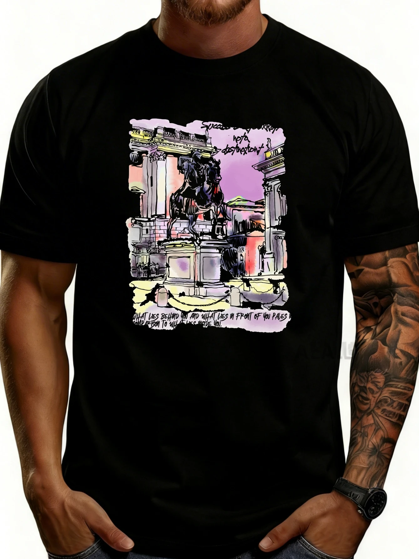 Artistic Graphic Men's T-Shirt Featuring a Horse Statue and Classical Architectural Design, Suitable for Casual Wear in Spring and Summer, Is an Ideal Gift for Art and History Enthusiasts.