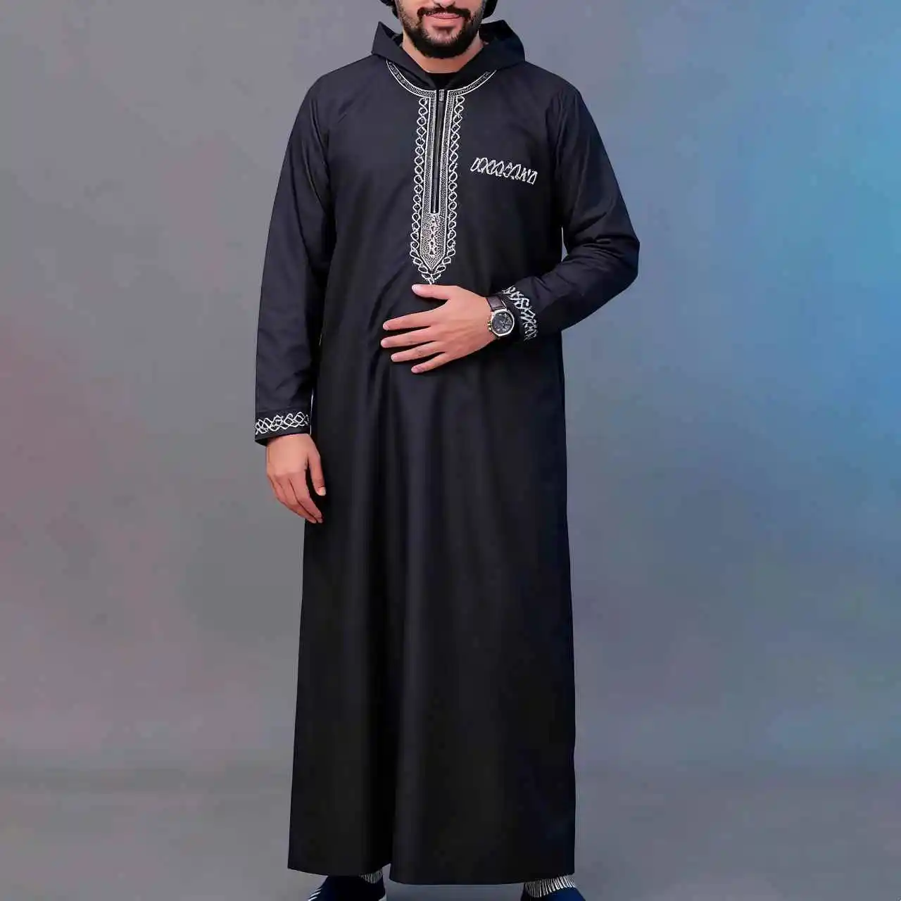 2025 Abito musulmano a maniche lunghe ricamato da uomo di lusso, Jubaso mediorientale, abito con cappuccio più ampio rispetto alle abiti tradizionali