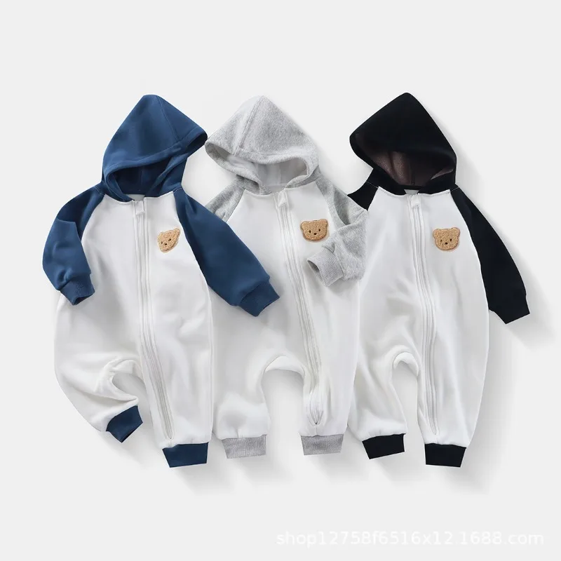 Cute Patchwork Hooded Zipper Romper Spring Autumn Baby Thick Quilted Jumpsuit