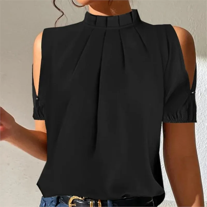 Camicia a maniche corte nera con spalle scoperte per l'estate da donna Nuova camicetta con colletto in piedi solido Top Femme Blusas 2024 elegante