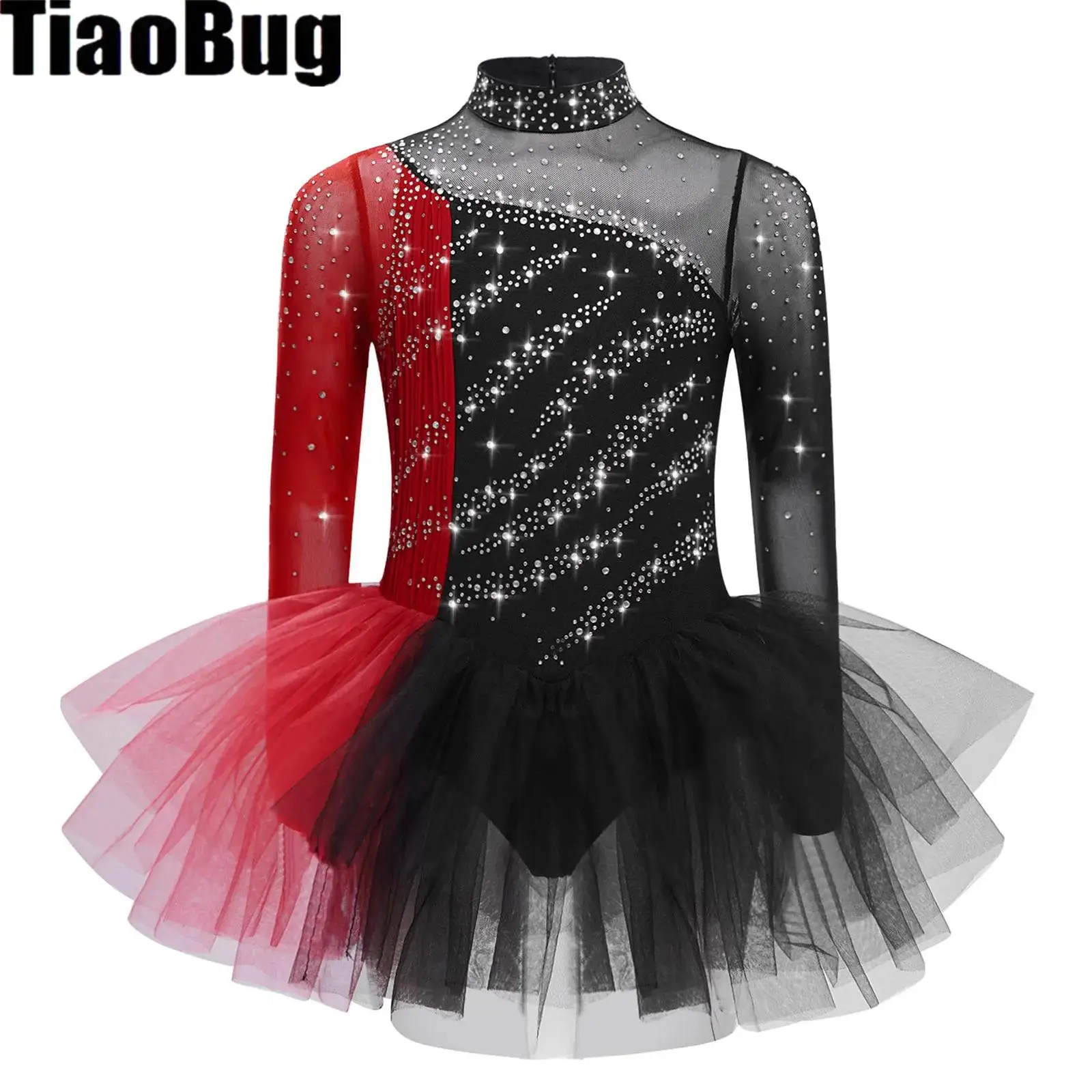 

Girls Ballet Gymnastic Leotard Dress Lyrical Figure Skating Dance Dress Long Sleeves Rhinestones Color Block Mesh Tulle Dress