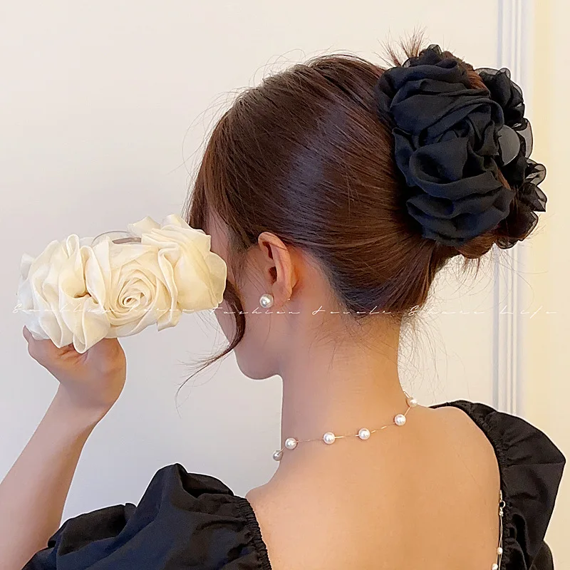 VANIKA New Summer Sweet Tulle Big Bow Hair Claw Clips dla kobiet Solidne kolory Eleganckie kwiatowe klipsy do kucyka Akcesoria do nakryć głowy