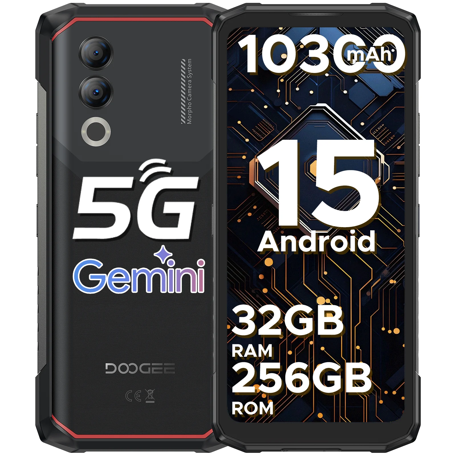 DOOGEE Blade20 Turbo 5G - Robuuste telefoon, Android 15, Gemini AI, 6.6" HD+ scherm, 32GB RAM + 256GB opslag, AI-dualcamera, 10300mAh batterij, NFC