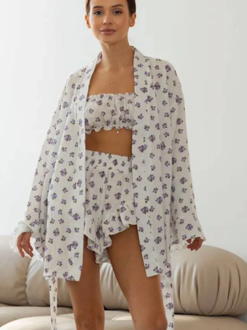 

Marthaqiqi Cotton Female Sleepwear Suit V-Neck Nightie Long Sleeve Pajamas Tank Top Nightwear Shorts Women Nightgown 3 Piece Set