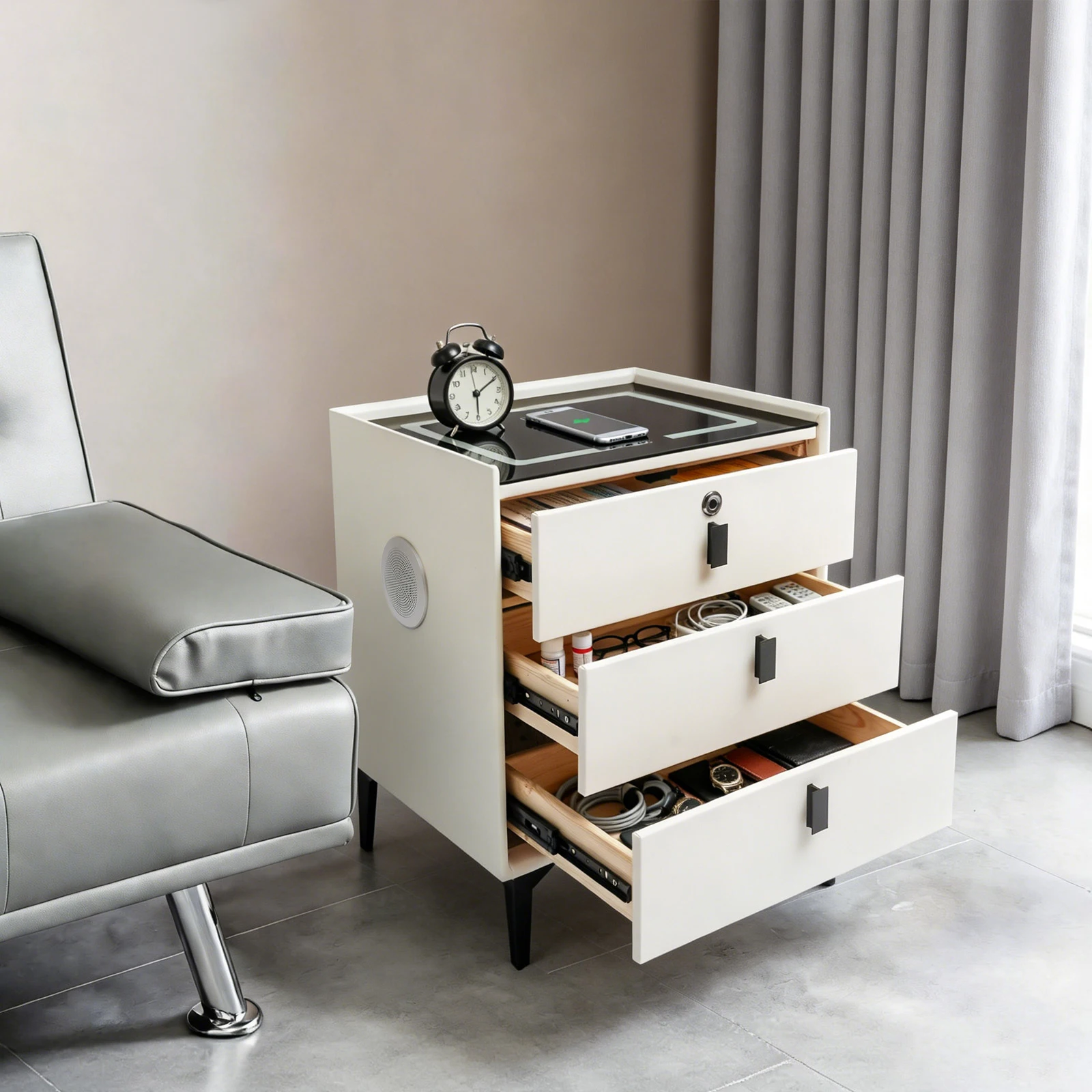 Table de chevet intelligente à 3 tiroirs avec prise UE, en bois massif, avec verrouillage par empreinte digitale, haut-parleur Bluetooth, chargement USB sans fil, lumière LED tactile 3 couleurs, tiroir de rangement silencieux à glissière, pieds surélevés, capacité de charge 50 kg, pour chambre, salon, bureau, dortoir, maison
