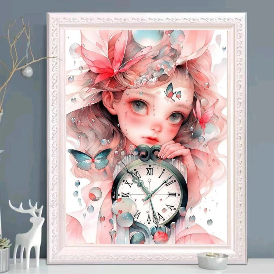 5D Diy Full Square round Drill Diamond Painting Mosaic Clock Girl Home Decor Embroidery Fantasy Butterfly Fairy Cross Stitch W16