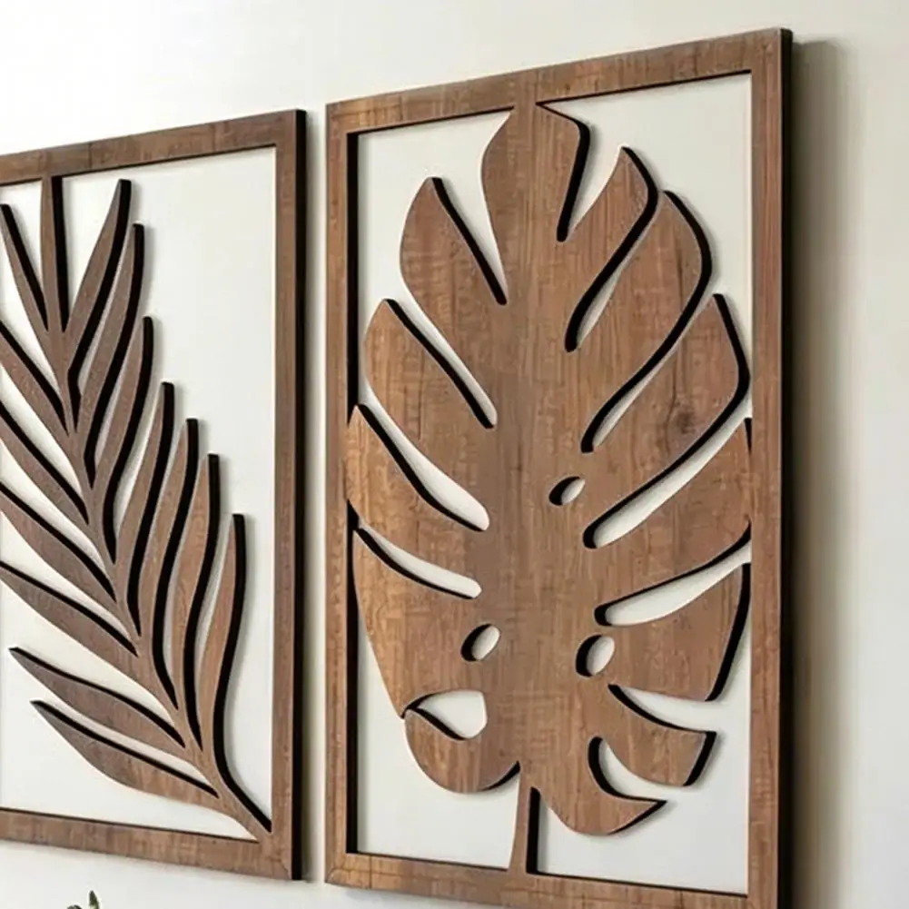3 Pcs Nordic Style Wood Decor Tropical Plant Boho Wall Decor Wall Sculpture Panel for Home Living Room, Bedroom, Kitchen view 5