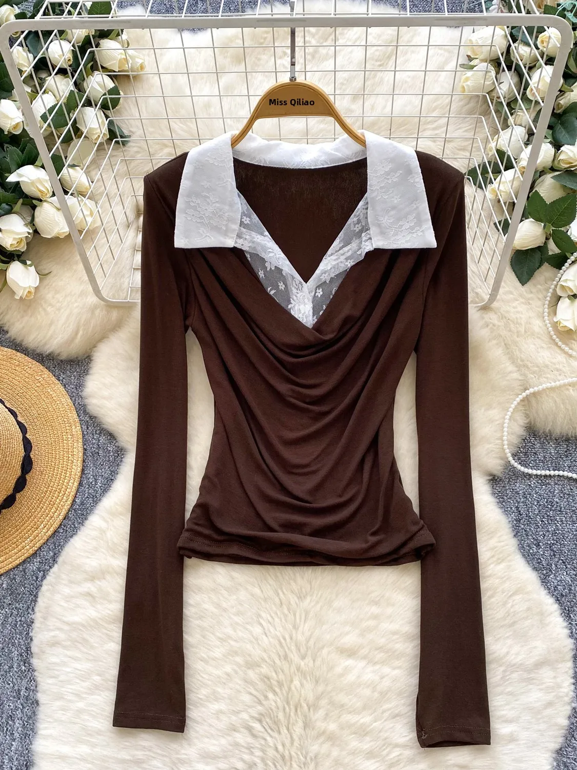 

Slim Fit Lace Collar Long Sve T-irt Women's Faion Color Blo Design False Two-Piece Base irt for Autumn Season