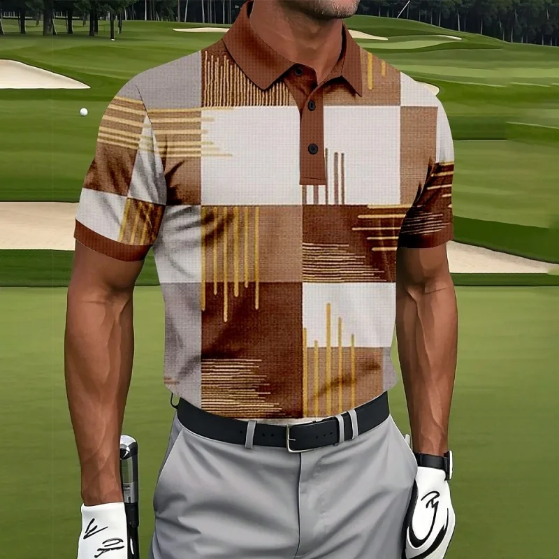 3D Printed Square Splicing Polo Shirt For Men Geometric Pattern T-Shirts Fashion Leisure Loose Street Button Tees Lapel Tops