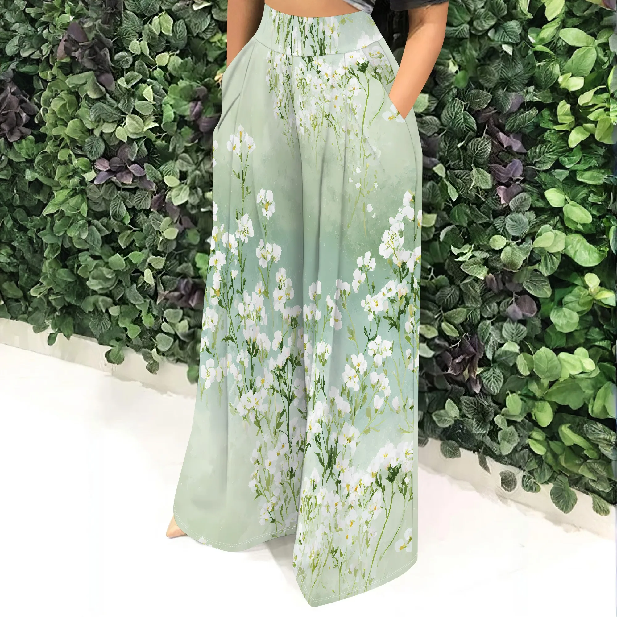 Floral, Wide Leg Pants, High Waist Palazzo Trousers, Pockets Culottes, Summer Casual Wear for Women, S-2XL