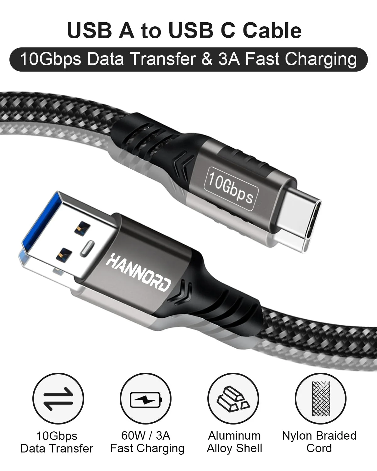 Hannord USB3.2 10Gbps USB A to USB C 3.2 Gen2 Type-C Cable Data Transfer 3A 60W QC 3.0 Fast Charging for iphone Macbook SSD