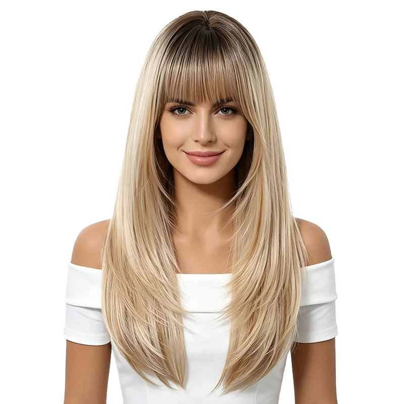 Balayage Ash Blonde Long Straight Wig with Fringe Dark Roots Layered Synthetic Hair For Women Heat Resistant Daily Party Cosplay