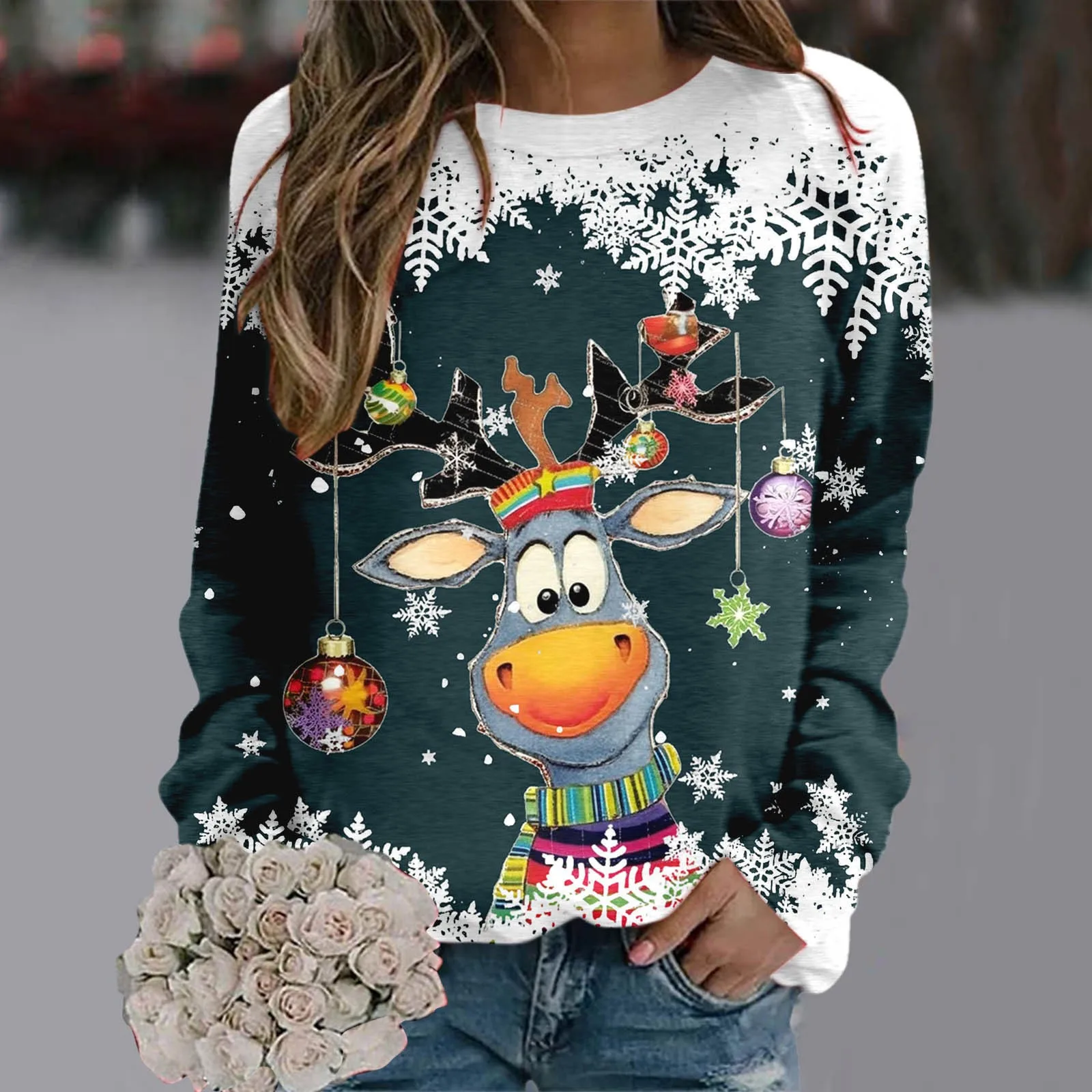 Women Christmas Sweatshirts Winter Snowman Snowflake Print Long Sleeve Y2k Hoodie Streetwear Pullovers Tops Comfortable Clothing