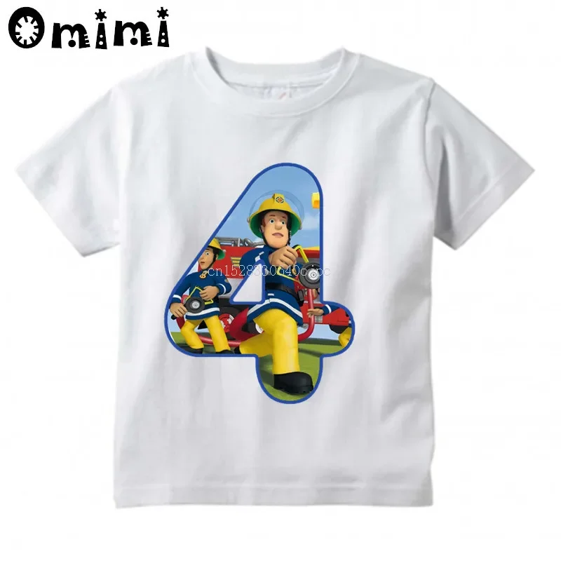 Camiseta de manga corta para niños y niñas, camisa con diseño de bombero Sam, número 1-9, letras Kawaii, divertida, BAL617