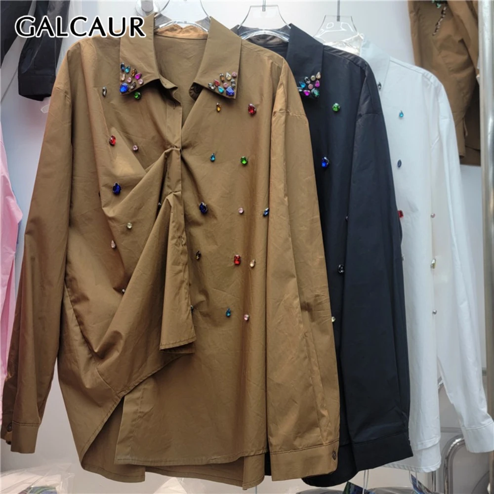 

GALCAUR однотонная шикарная рубашка с бриллиантами, женская свободная рубашка с лацканами и длинными рукавами, корейские винтажные женские рубашки, осенняя модная стильная новинка