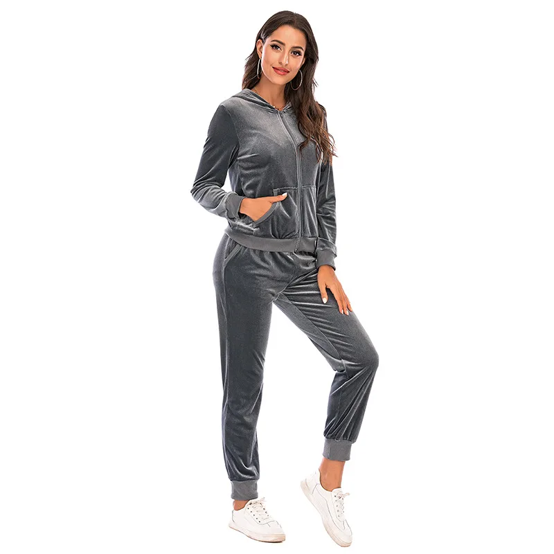 Velour Tracksuit Womens 2 Piece Sweatshirt Sweatpants Set Hoodie Sweatsuit with Pockets Casual Sportswear Autumn Winter Gym