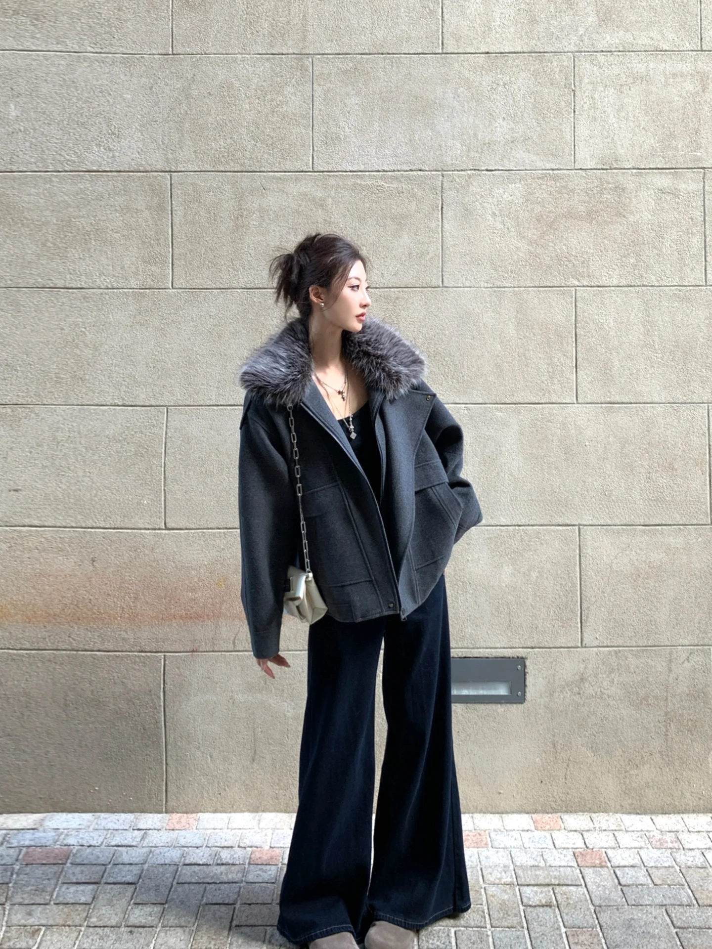 

GV Heavy Industry Вовняный воротник-стойка на хлопковой подкладке Jaet Съемный меховой воротник Зимний женский топ на молнии Long Sve Co...