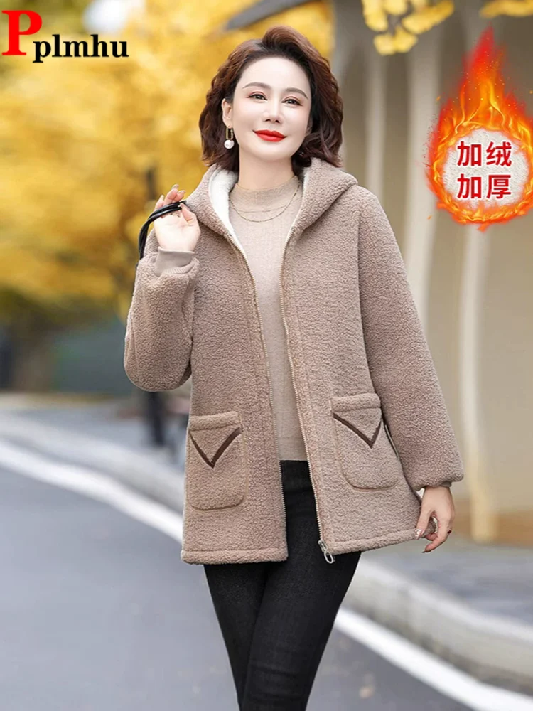 

Woolen Fashion Hooded Jackets Thickened Warm Velvet Cotton Baggy Jaquetas Women's Casual Zippers Loose New Jaquetas Casaco