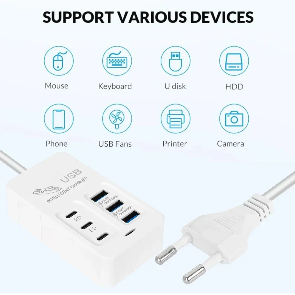 35W Type C USB 6 Ports Power Strip Charger Station 3PD Fast Charging Plug Adapter USB A Phone Wall Charger For iPhone Samsung