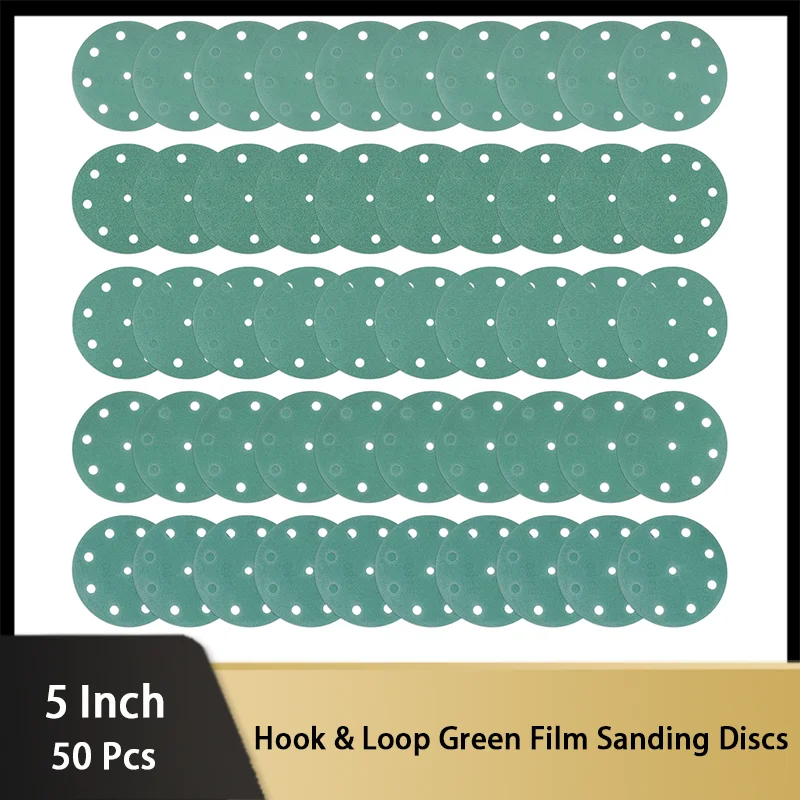 50 Pcs 5 Inch 9 Hole Hook & Loop Green Film Sanding Discs 80-240 Grits Round Aluminum Oxide Wet Dry Sander Pads for Wood Metal